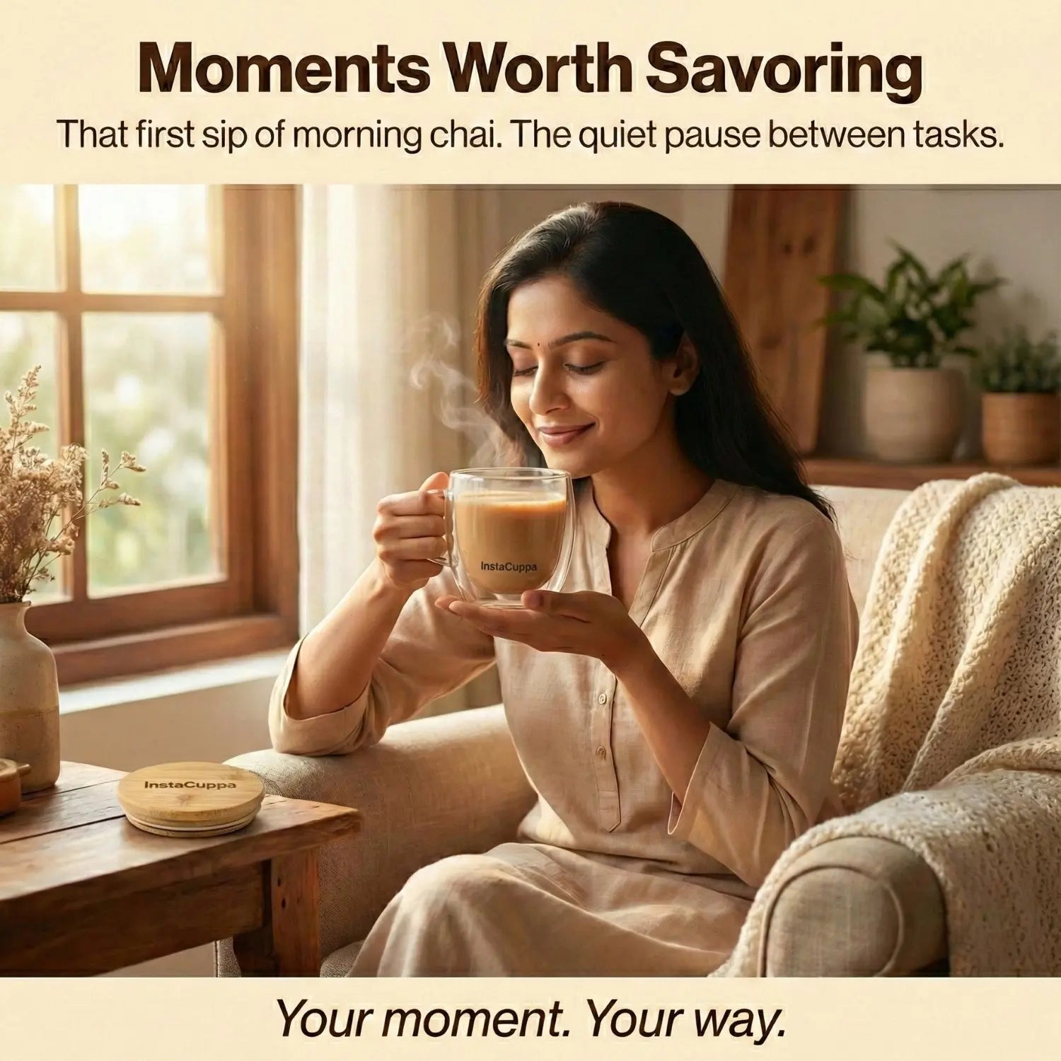 InstaCuppa Double Wall Glass Coffee Mug moments worth savoring - Indian mom enjoying peaceful chai moment
