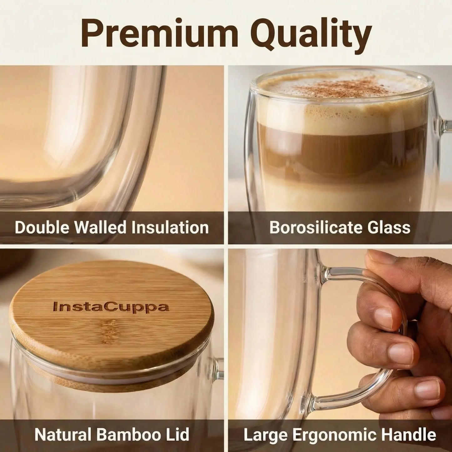 InstaCuppa Double Wall Glass Coffee Mug premium quality - double walled, borosilicate glass, bamboo lid, handle