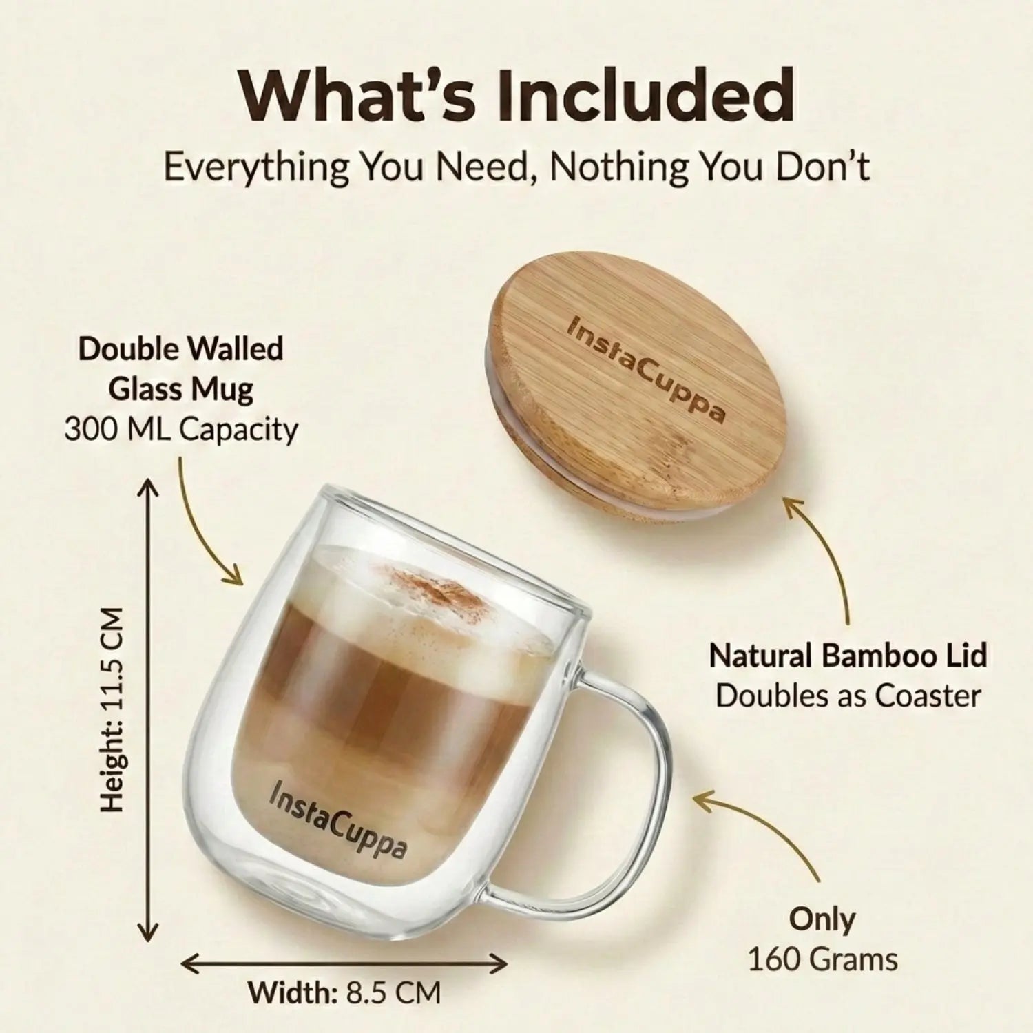InstaCuppa Double Wall Glass Coffee Mug whats included - 300ml mug 11.5cm height, bamboo lid coaster, 160g