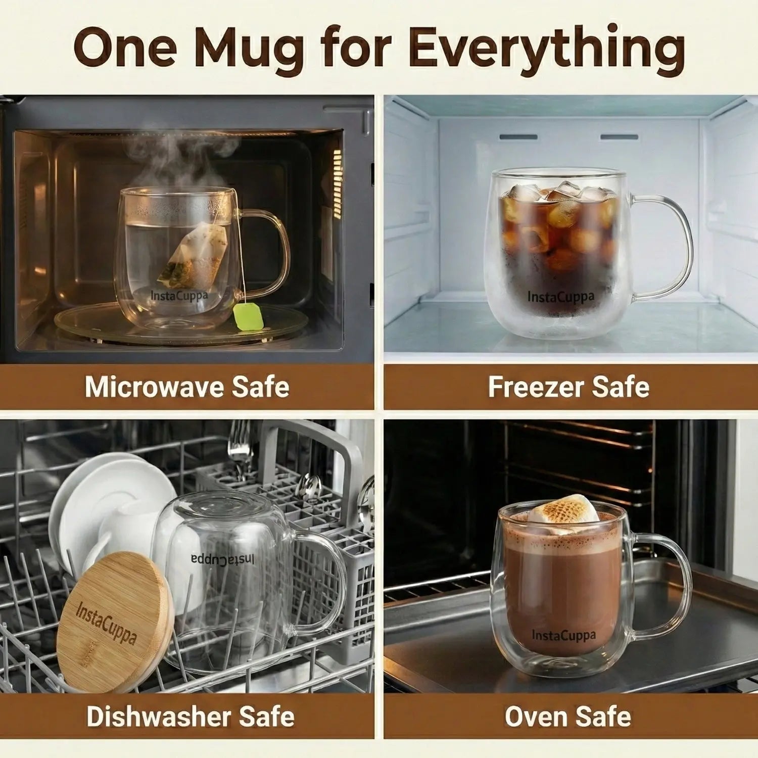 InstaCuppa Double Wall Glass Coffee Mug versatile - microwave safe, freezer safe, dishwasher safe, oven safe