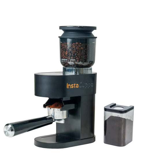InstaCuppa Electric Coffee Grinder Conical Burr 60 Settings with Portafilter and Grounds Container Espresso Edition