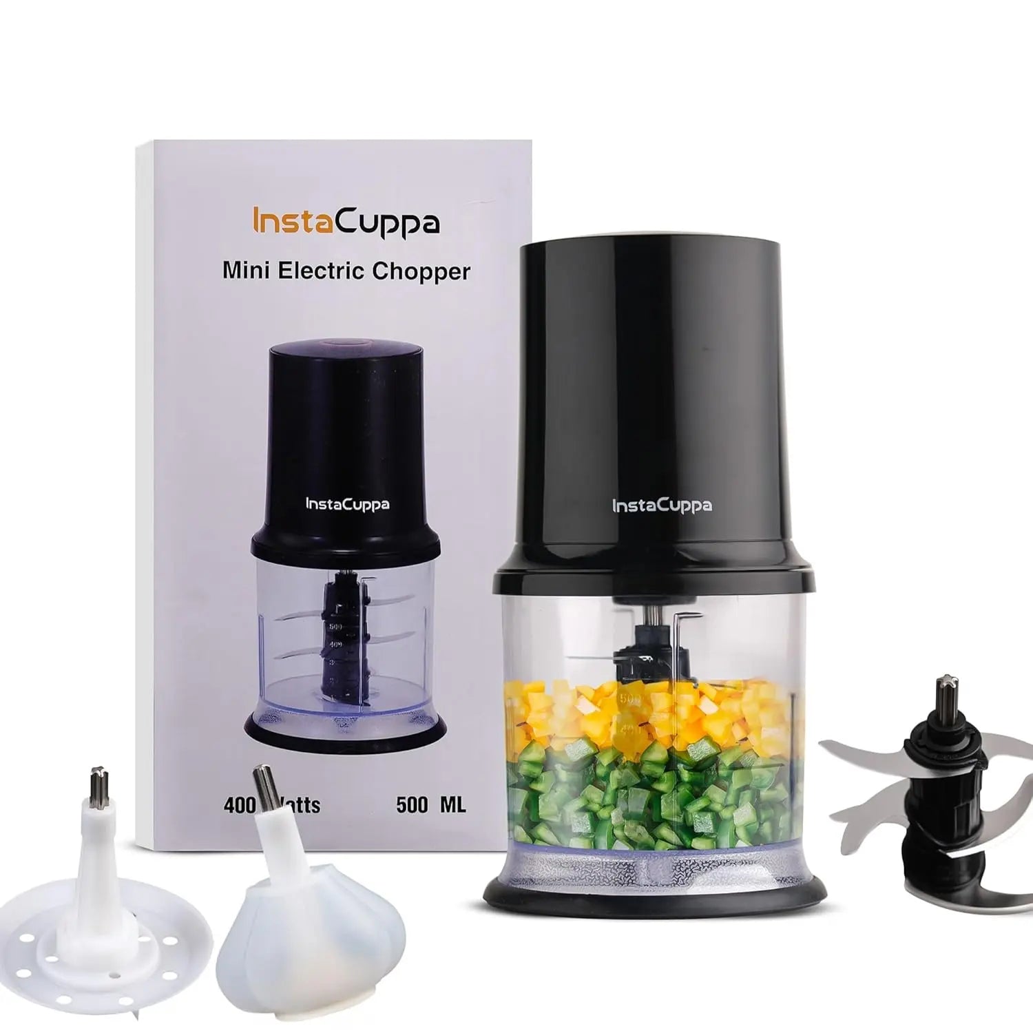 InstaCuppa Electric Chopper with Garlic Peeler, Stainless Steel Blades & Egg Beater Attachments, Busy Mom Kitchen Helper for Chopping, Mincing, Cutting, Grating Meat & Vegetable, 500 ML, 400W 