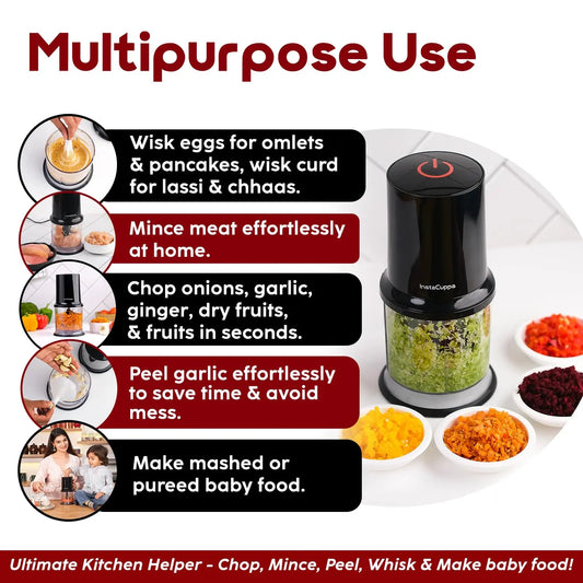 InstaCuppa Electric Chopper with Garlic Peeler, Stainless Steel Blades & Egg Beater Attachments, Busy Mom Kitchen Helper for Chopping, Mincing, Cutting, Grating Meat & Vegetable, 500 ML, 400W 