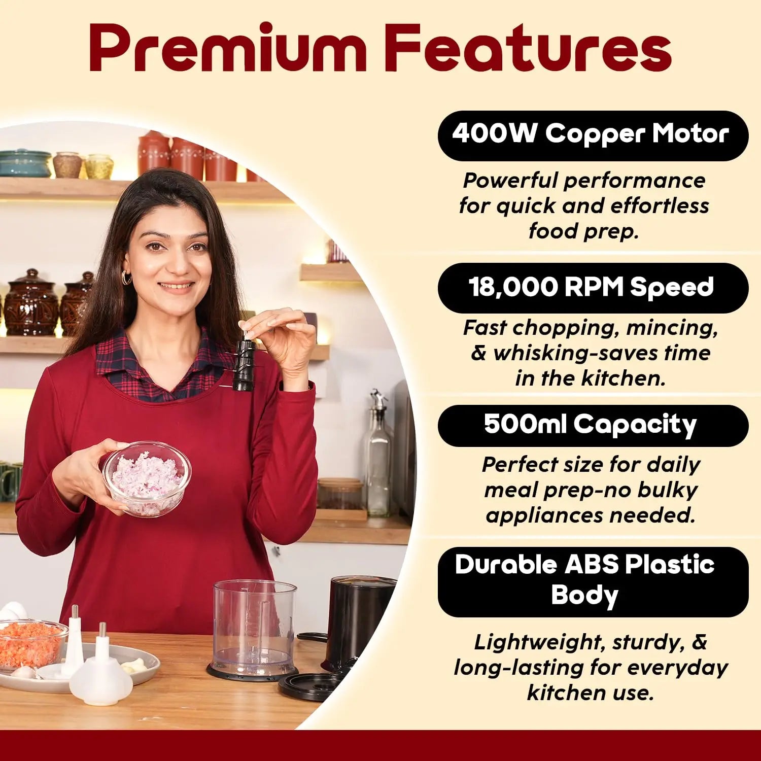 InstaCuppa Electric Chopper with Garlic Peeler, Stainless Steel Blades & Egg Beater Attachments, Busy Mom Kitchen Helper for Chopping, Mincing, Cutting, Grating Meat & Vegetable, 500 ML, 400W 