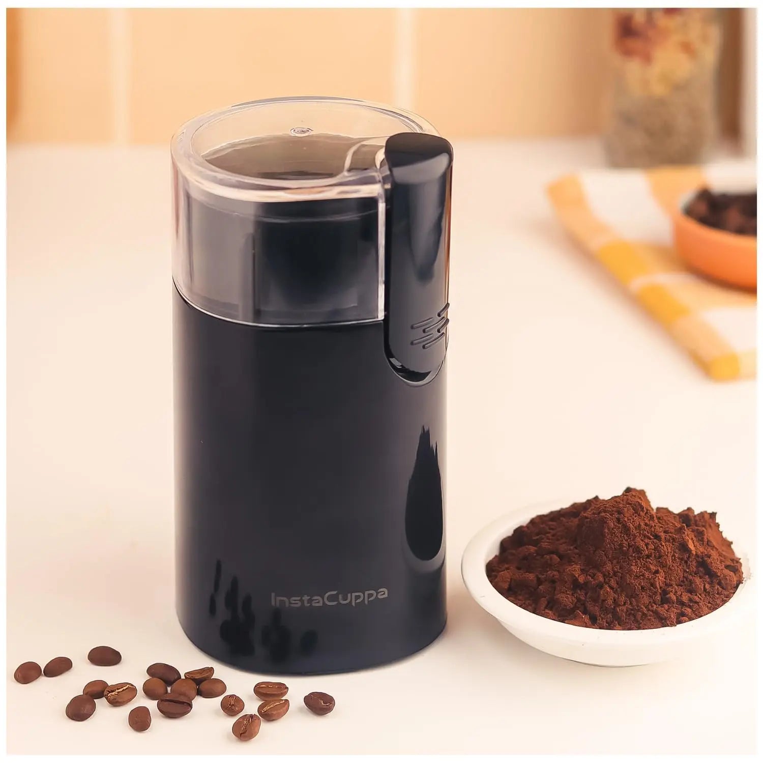 InstaCuppa Electric Coffee Bean Grinder with Stainless Steel Blade and Interior, 60 GMS Capacity,150W Power, Ideal for Grinding Spices and Herbs, Sleek Black Design for Modern Kitchen 