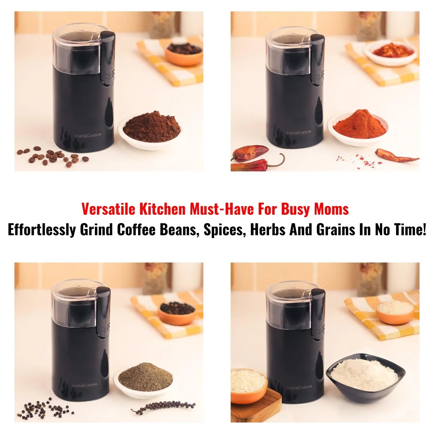 InstaCuppa Electric Coffee Bean Grinder with Stainless Steel Blade and Interior, 60 GMS Capacity,150W Power, Ideal for Grinding Spices and Herbs, Sleek Black Design for Modern Kitchen 