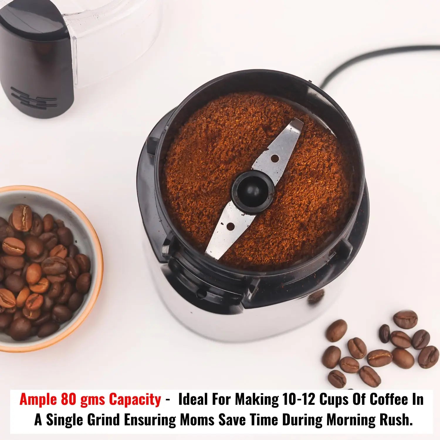 InstaCuppa Electric Coffee Bean Grinder with Stainless Steel Blade and Interior, 60 GMS Capacity,150W Power, Ideal for Grinding Spices and Herbs, Sleek Black Design for Modern Kitchen 
