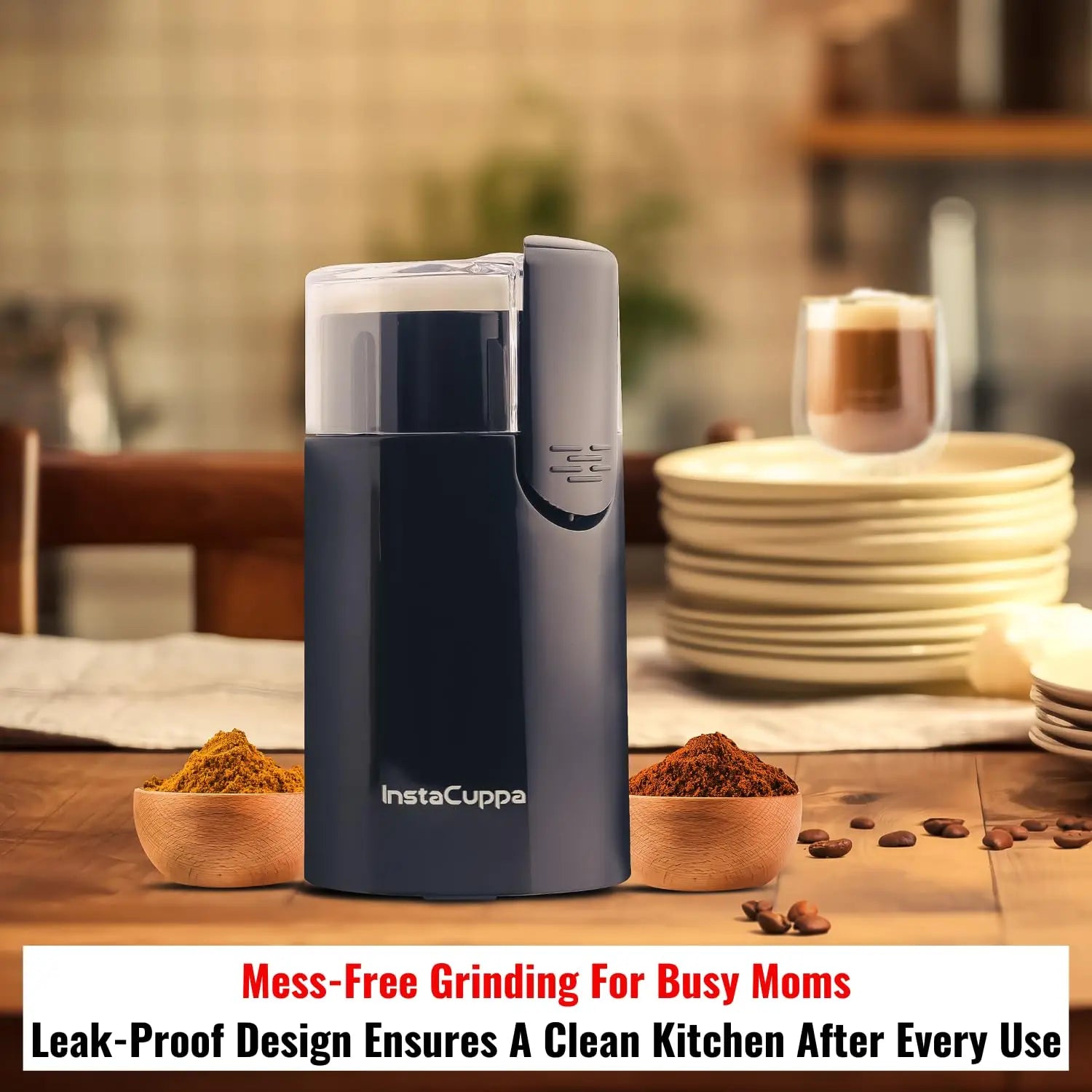 InstaCuppa Electric Coffee Bean Grinder with Stainless Steel Blade and Interior, 60 GMS Capacity,150W Power, Ideal for Grinding Spices and Herbs, Sleek Black Design for Modern Kitchen 