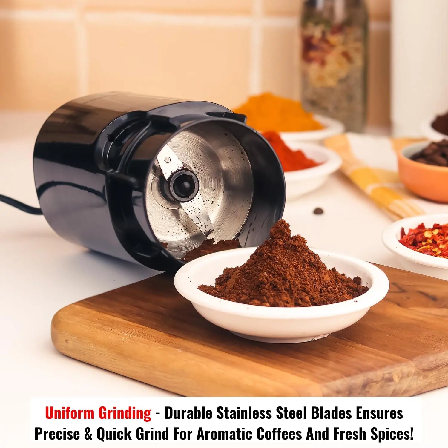 InstaCuppa Electric Coffee Bean Grinder with Stainless Steel Blade and Interior, 60 GMS Capacity,150W Power, Ideal for Grinding Spices and Herbs, Sleek Black Design for Modern Kitchen 
