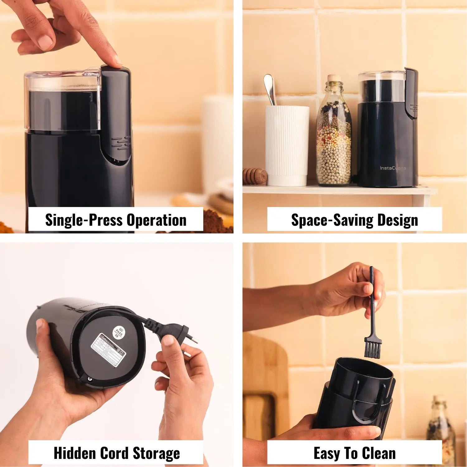 InstaCuppa Electric Coffee Bean Grinder with Stainless Steel Blade and Interior, 60 GMS Capacity,150W Power, Ideal for Grinding Spices and Herbs, Sleek Black Design for Modern Kitchen 