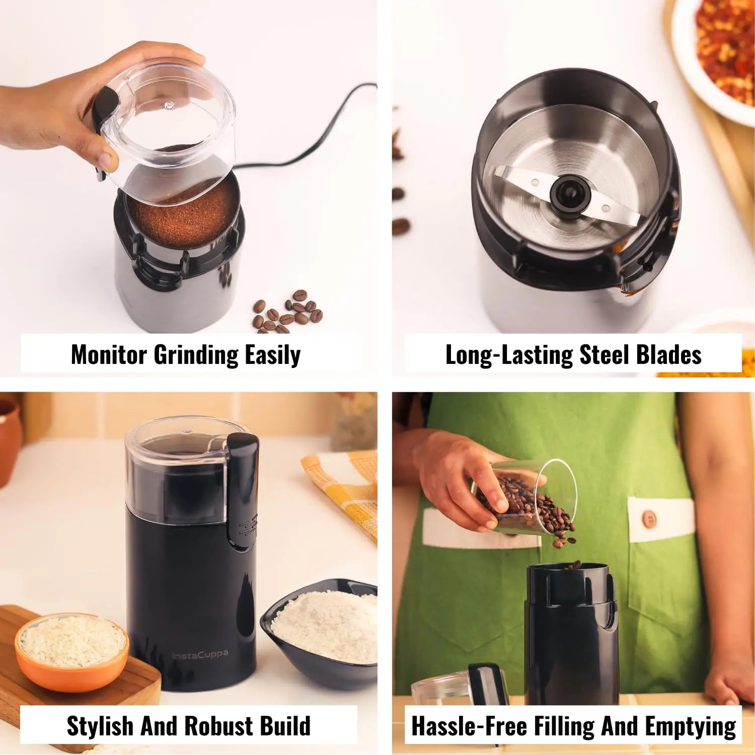 InstaCuppa Electric Coffee Bean Grinder with Stainless Steel Blade and Interior, 60 GMS Capacity,150W Power, Ideal for Grinding Spices and Herbs, Sleek Black Design for Modern Kitchen 