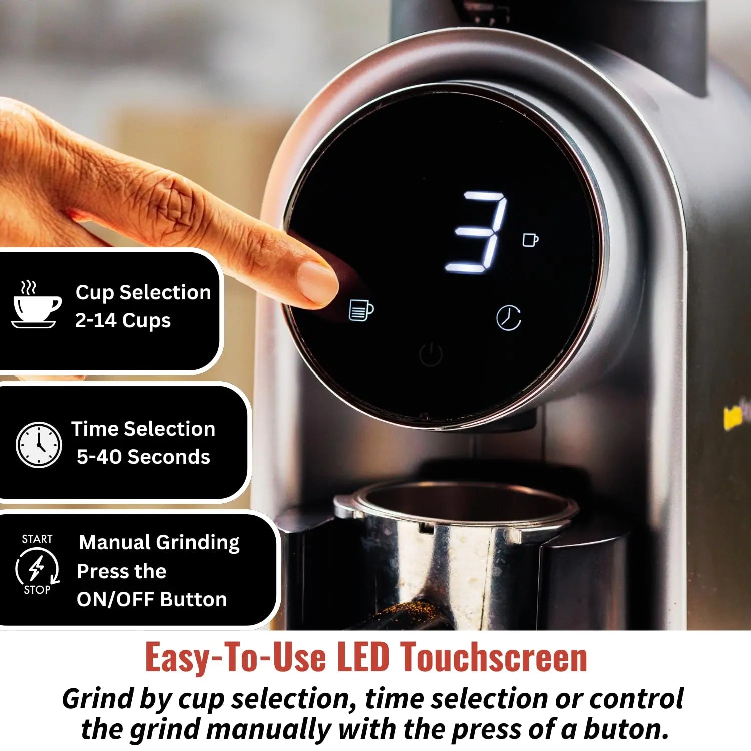 InstaCuppa Electric Coffee Grinder with LED Touch Timer & Cups Selector, Conical Stainless Steel Burr Mill with 25 Adjustable Grind Settings for Home Espresso, Moka Pot, French Press, Pour Over 