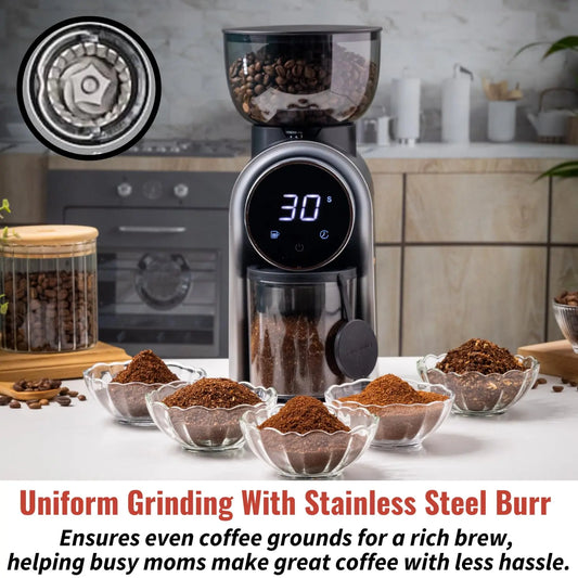 InstaCuppa Automatic Coffee Bean Grinder with stainless steel conical burr showing uniform coffee grounds for espresso, moka pot, and French Press