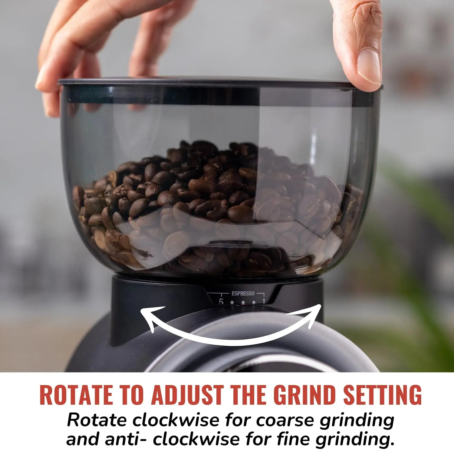 InstaCuppa Electric Coffee Grinder with LED Touch Timer & Cups Selector, Conical Stainless Steel Burr Mill with 25 Adjustable Grind Settings for Home Espresso, Moka Pot, French Press, Pour Over 
