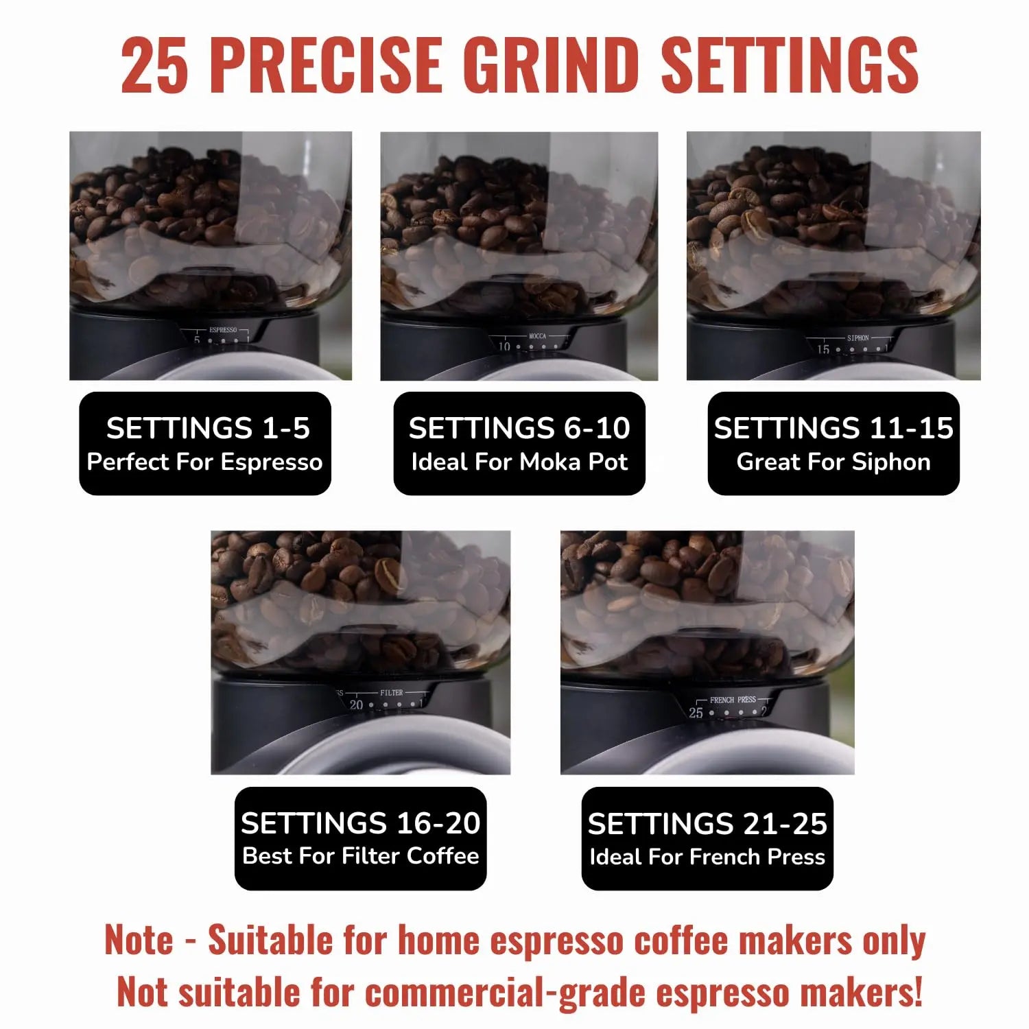 InstaCuppa Electric Coffee Grinder with LED Touch Timer & Cups Selector, Conical Stainless Steel Burr Mill with 25 Adjustable Grind Settings for Home Espresso, Moka Pot, French Press, Pour Over 