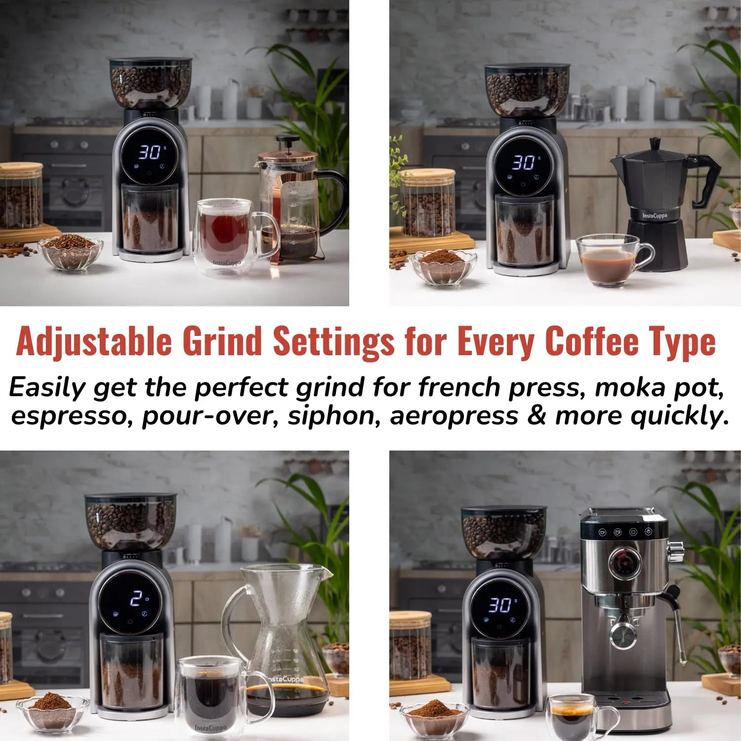 InstaCuppa Electric Coffee Grinder with LED Touch Timer & Cups Selector, Conical Stainless Steel Burr Mill with 25 Adjustable Grind Settings for Home Espresso, Moka Pot, French Press, Pour Over 