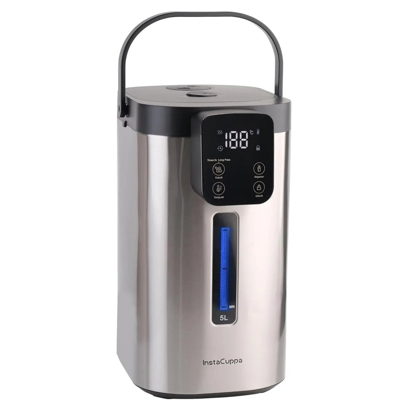 InstaCuppa electric kettle dispenser 5L with smart LED display, precision temperature control and sturdy carry handle, ready on kitchen counter for instant hot water.