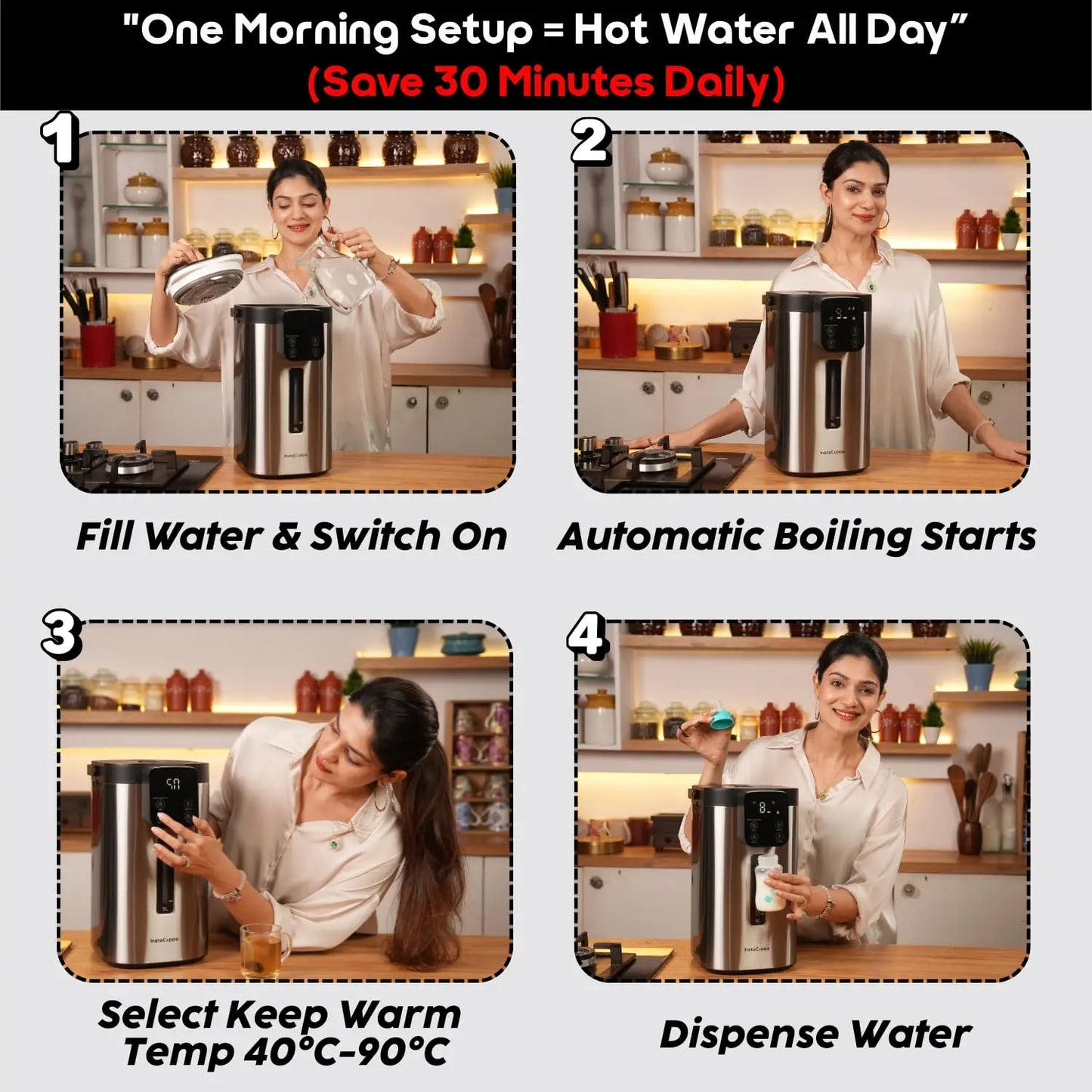 InstaCuppa electric kettle dispenser 5L morning setup guide - fill water, boil, set temperature, dispense instantly