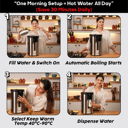 InstaCuppa electric kettle dispenser 5L morning setup guide - fill water, boil, set temperature, dispense instantly