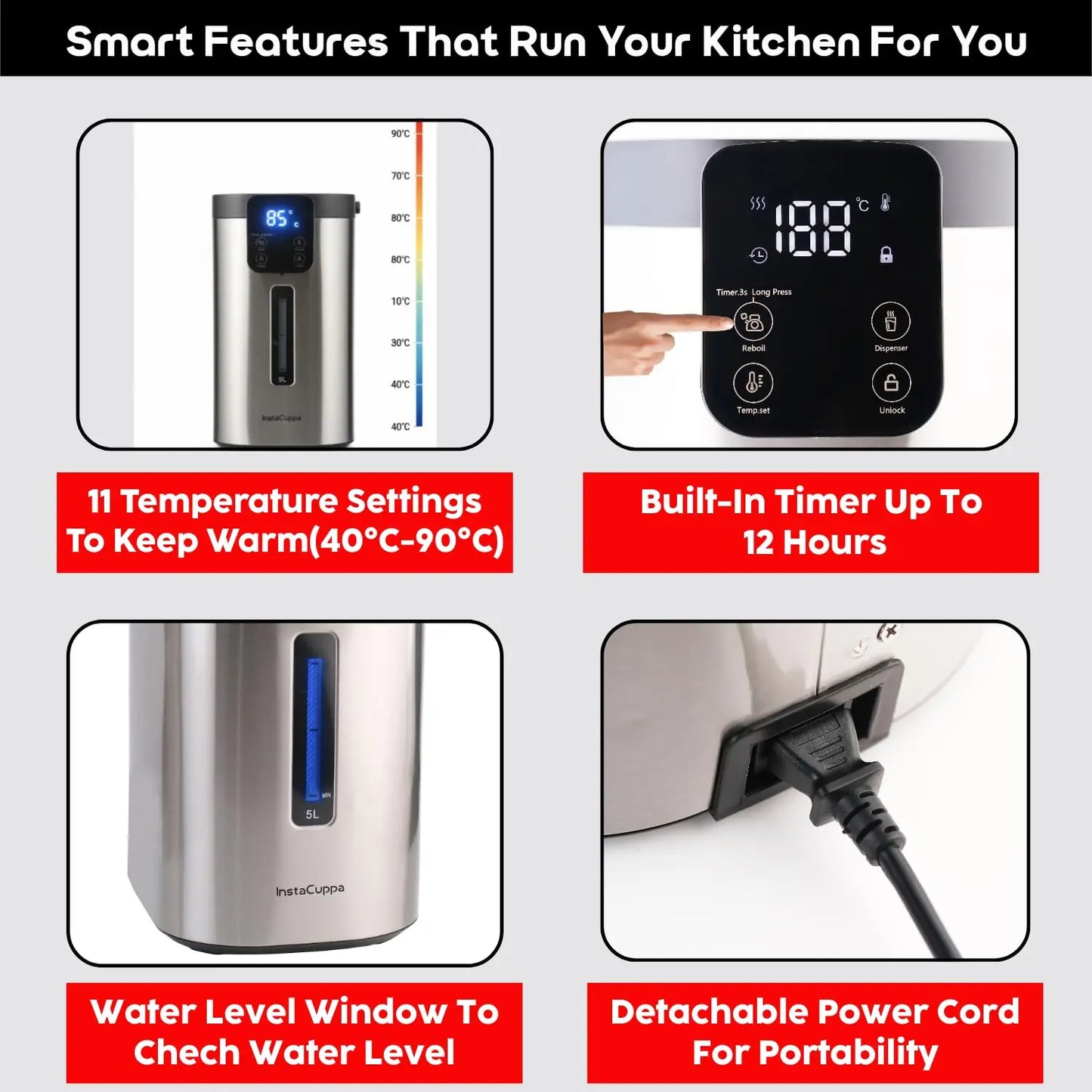 InstaCuppa smart features kettle with 11 temperature settings (40–90 °C), built-in 12 hr timer, water level window, detachable cord