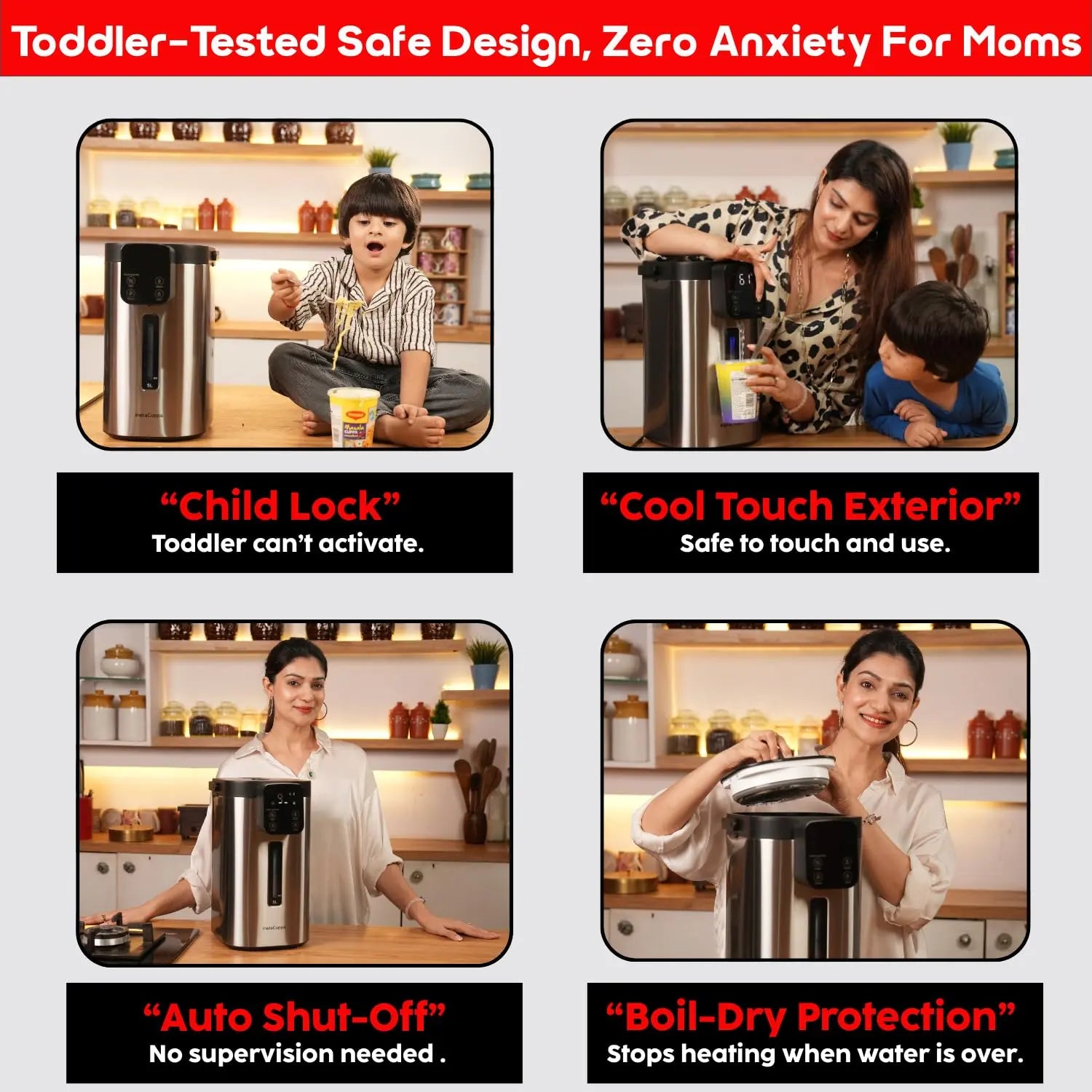 InstaCuppa electric kettle toddler-safe design with child-lock, cool-touch exterior, auto shut-off and boil-dry protection