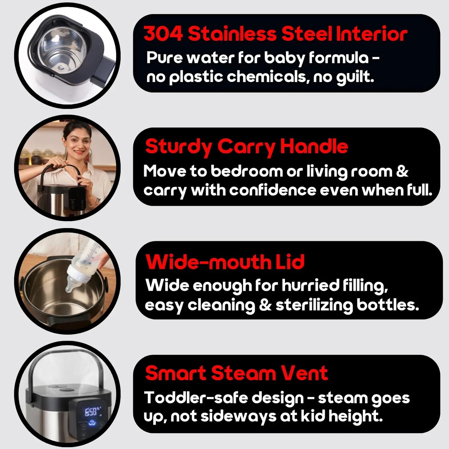 InstaCuppa electric kettle dispenser 5L with 304 stainless steel interior, wide-mouth lid, sturdy carry handle, smart steam vent