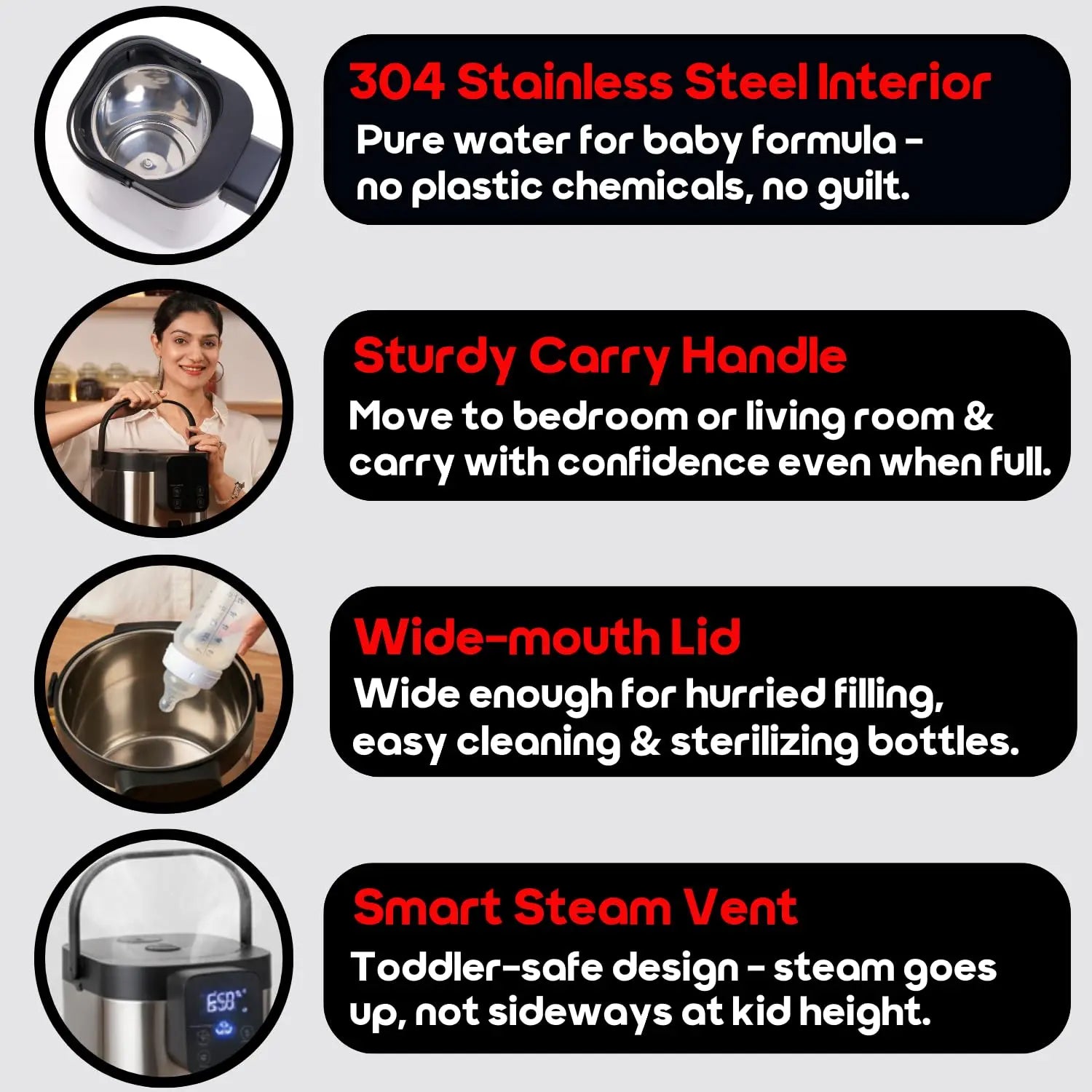 InstaCuppa electric kettle dispenser 5L with 304 stainless steel interior, wide-mouth lid, sturdy carry handle, smart steam vent