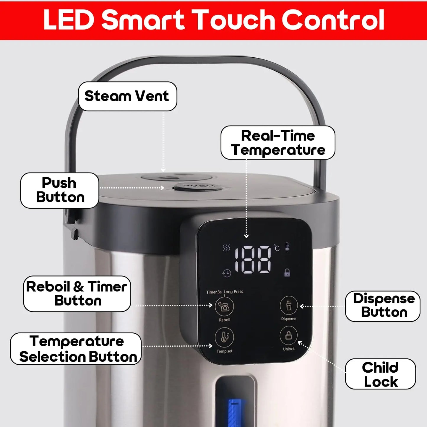 InstaCuppa smart LED touch control panel kettle with real-time temperature display, reboil timer, dispense and unlock buttons