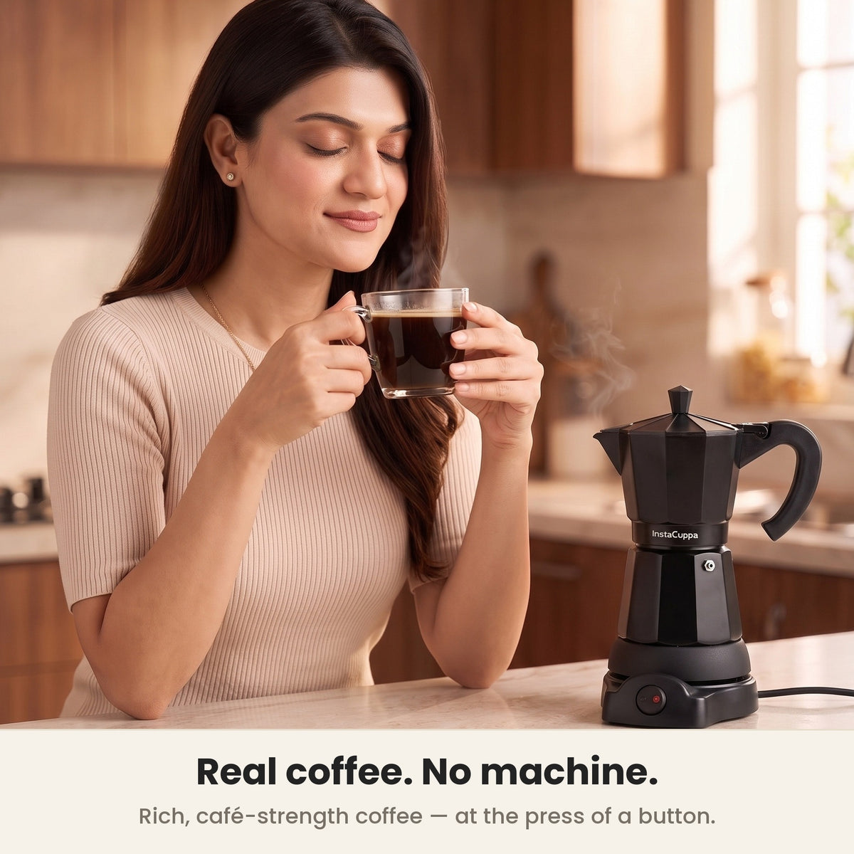 InstaCuppa Electric Moka Pot - Black - rich cafe-strength coffee in the cup · 300 ml · 6 espresso cups