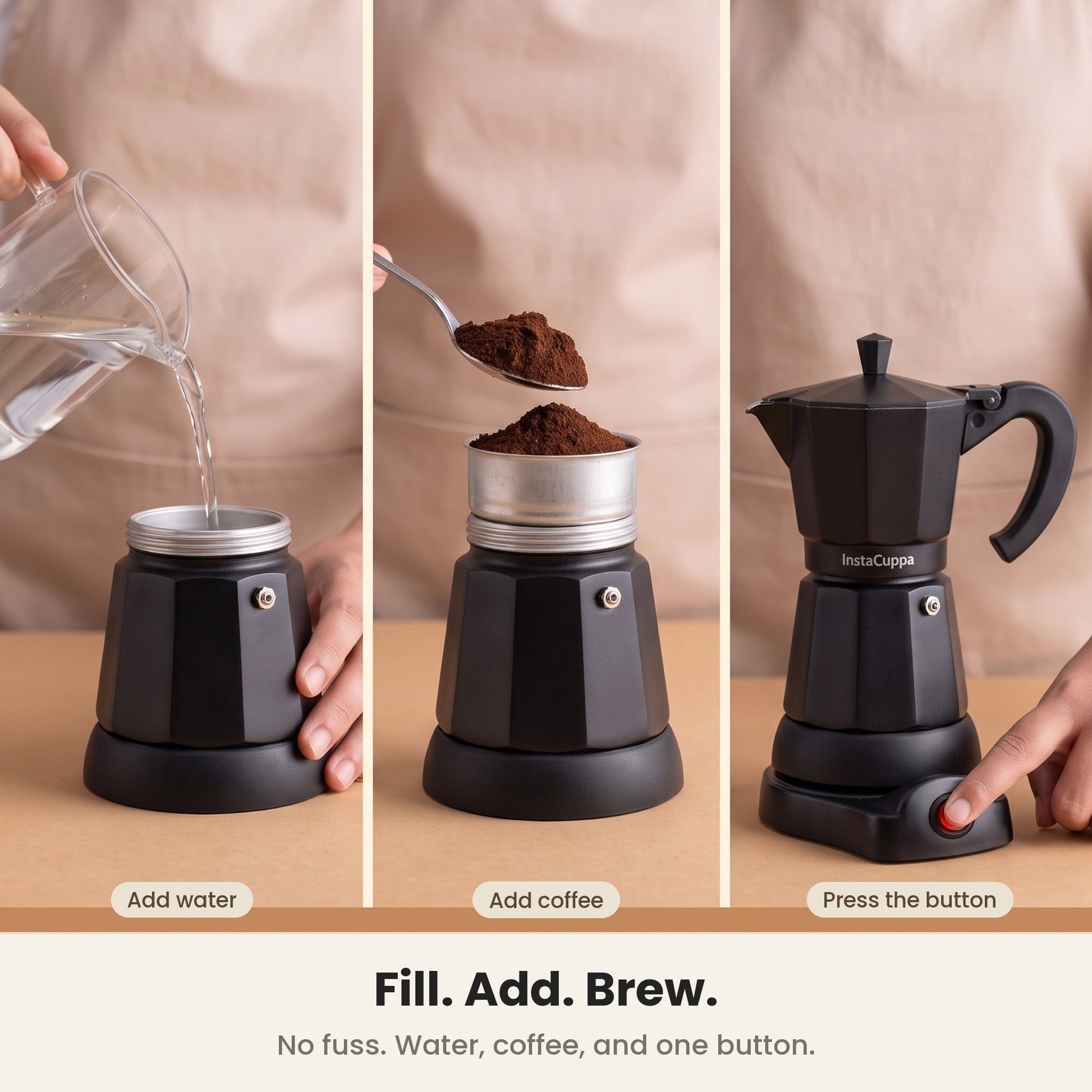 InstaCuppa Electric Moka Pot - Black - fill, add coffee, press the button · 300 ml · 6 espresso cups