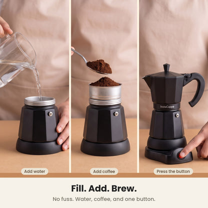 InstaCuppa Electric Moka Pot - Black - fill, add coffee, press the button · 300 ml · 6 espresso cups