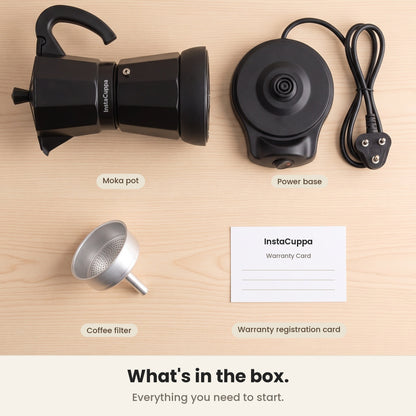 InstaCuppa Electric Moka Pot - Black - pot, power base, filter basket and warranty card · 300 ml · 6 espresso cups