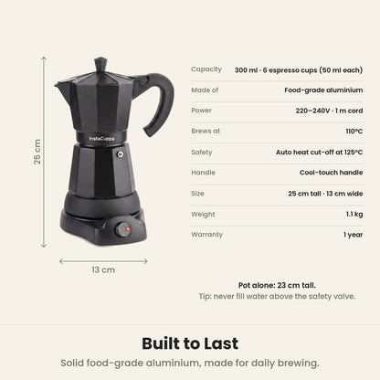 InstaCuppa Electric Moka Pot - Black - aluminium body, plug-in power base · 300 ml · 6 espresso cups
