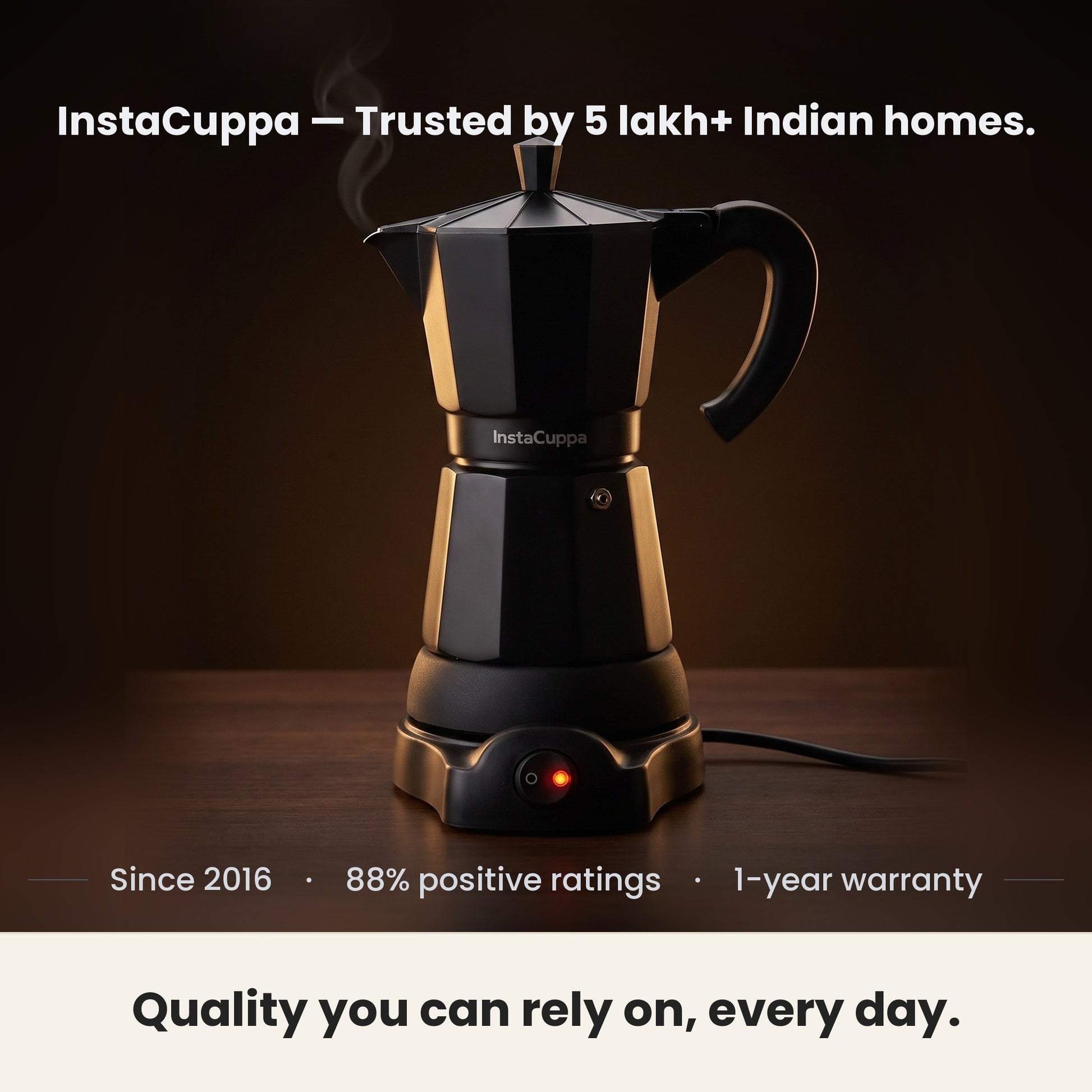 InstaCuppa Electric Moka Pot - Black - trusted by Indian homes, 1-year warranty · 300 ml · 6 espresso cups