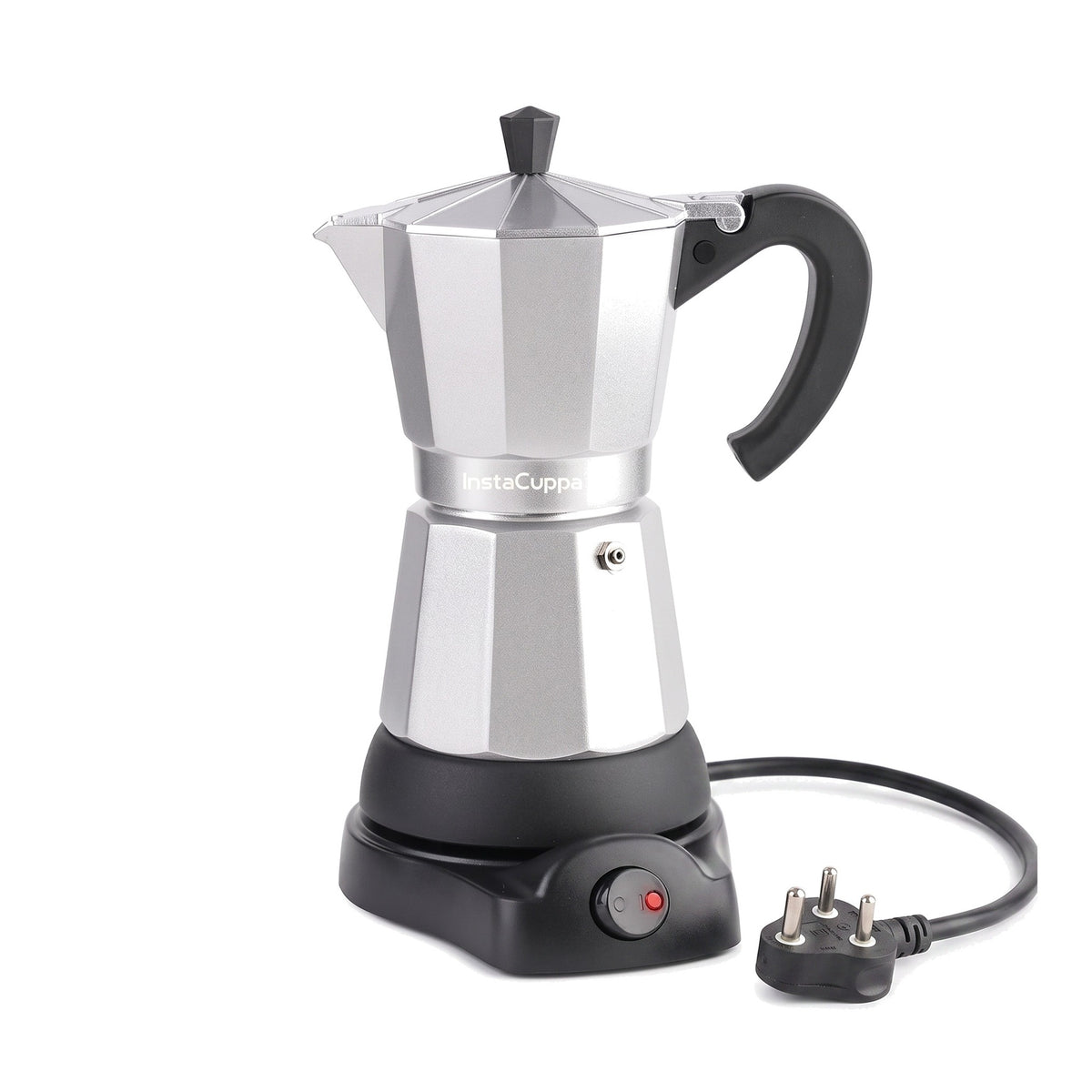 InstaCuppa Electric Moka Pot - Silver - on white background · 300 ml · 6 espresso cups