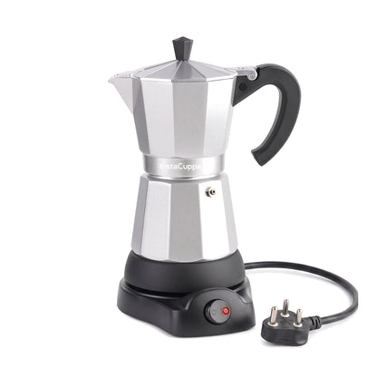 InstaCuppa Electric Moka Pot - Silver - on white background · 300 ml · 6 espresso cups
