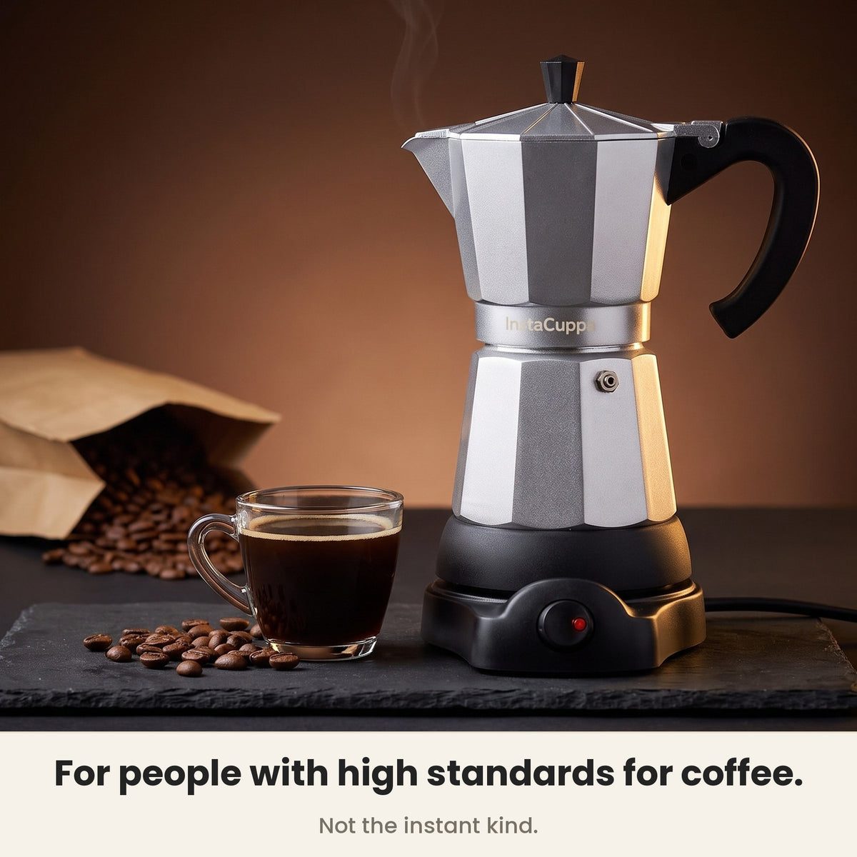InstaCuppa Electric Moka Pot - Silver - for people who take their coffee seriously · 300 ml · 6 espresso cups