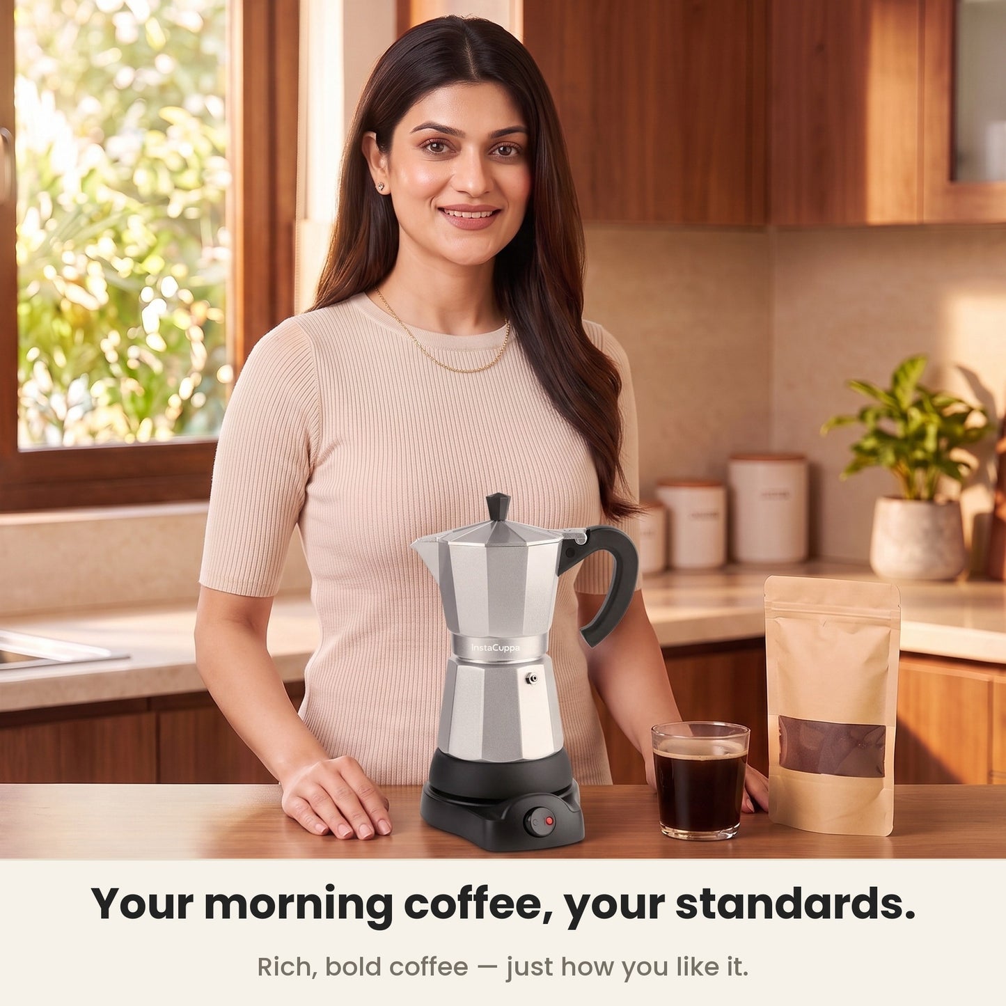 InstaCuppa Electric Moka Pot - Silver - rich cafe-strength coffee at home · 300 ml · 6 espresso cups