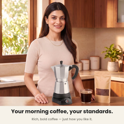 InstaCuppa Electric Moka Pot - Silver - rich cafe-strength coffee at home · 300 ml · 6 espresso cups