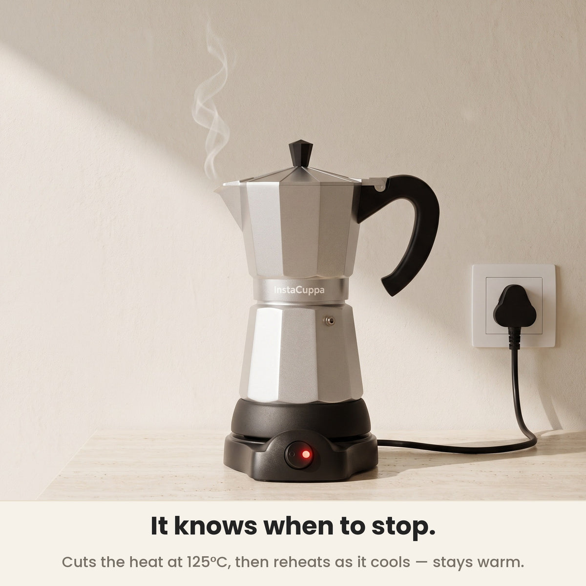 InstaCuppa Electric Moka Pot - Silver - cuts the heat automatically at 125°C · 300 ml · 6 espresso cups