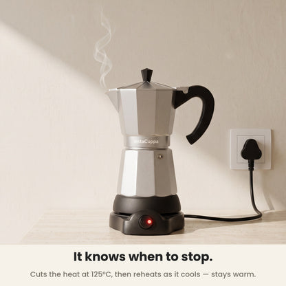 InstaCuppa Electric Moka Pot - Silver - cuts the heat automatically at 125°C · 300 ml · 6 espresso cups