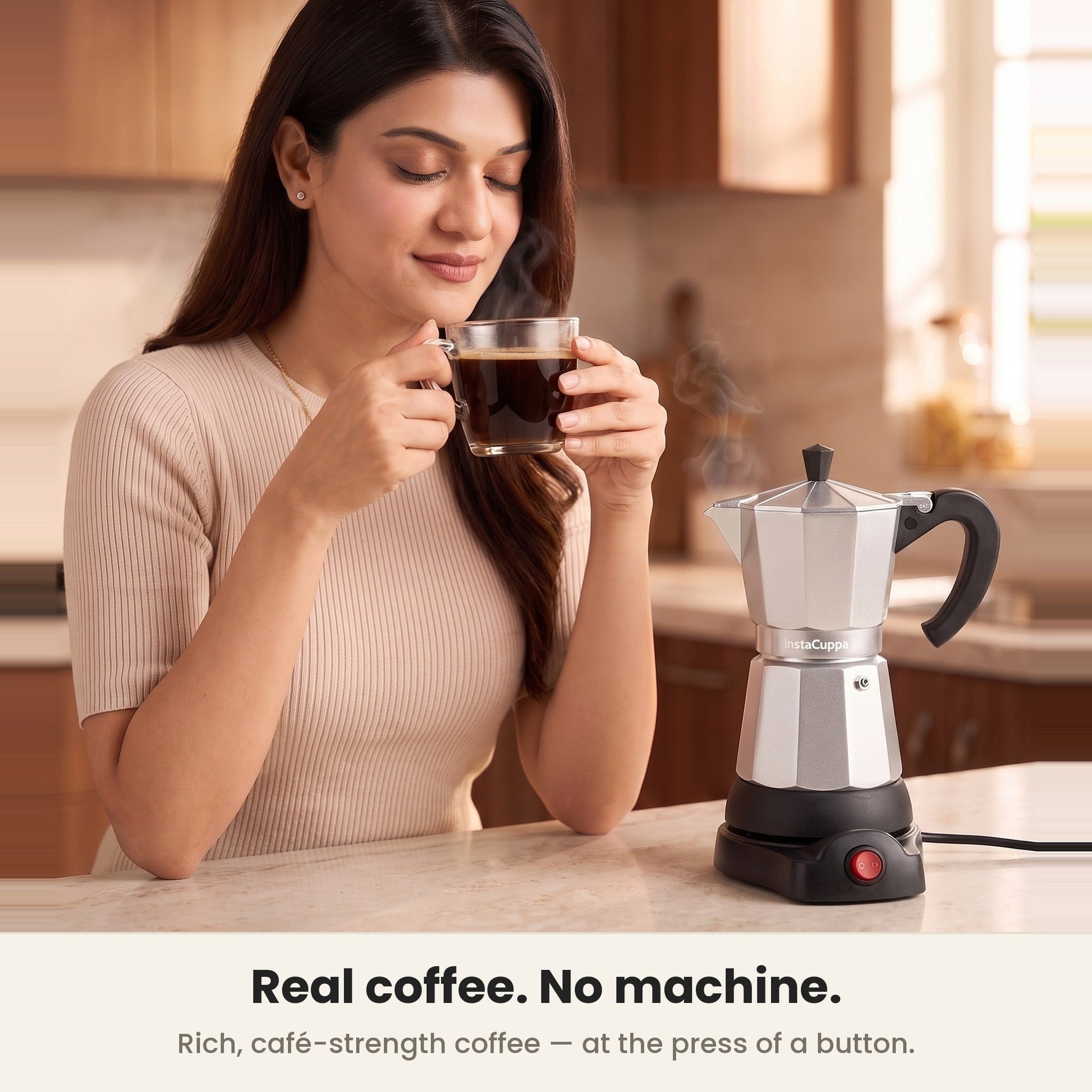 InstaCuppa Electric Moka Pot - Silver - rich cafe-strength coffee in the cup · 300 ml · 6 espresso cups