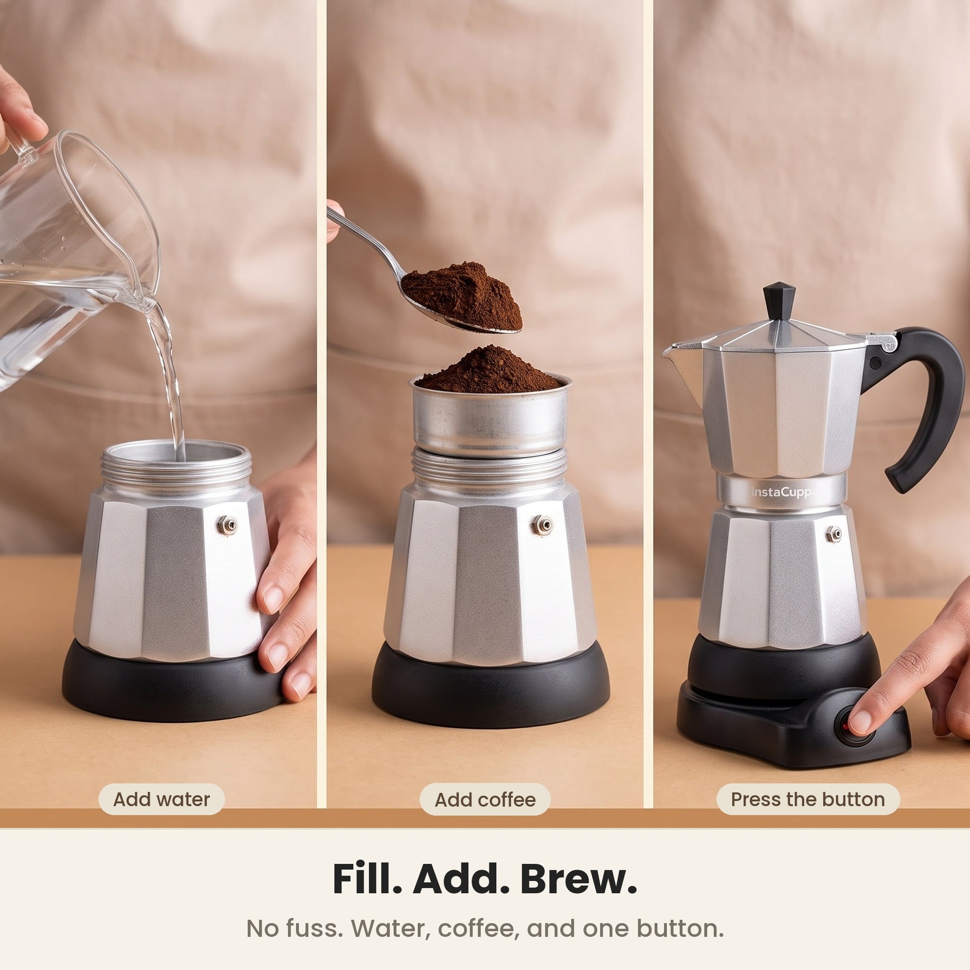 InstaCuppa Electric Moka Pot - Silver - fill, add coffee, press the button · 300 ml · 6 espresso cups
