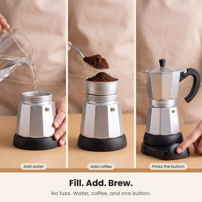 InstaCuppa Electric Moka Pot - Silver - fill, add coffee, press the button · 300 ml · 6 espresso cups