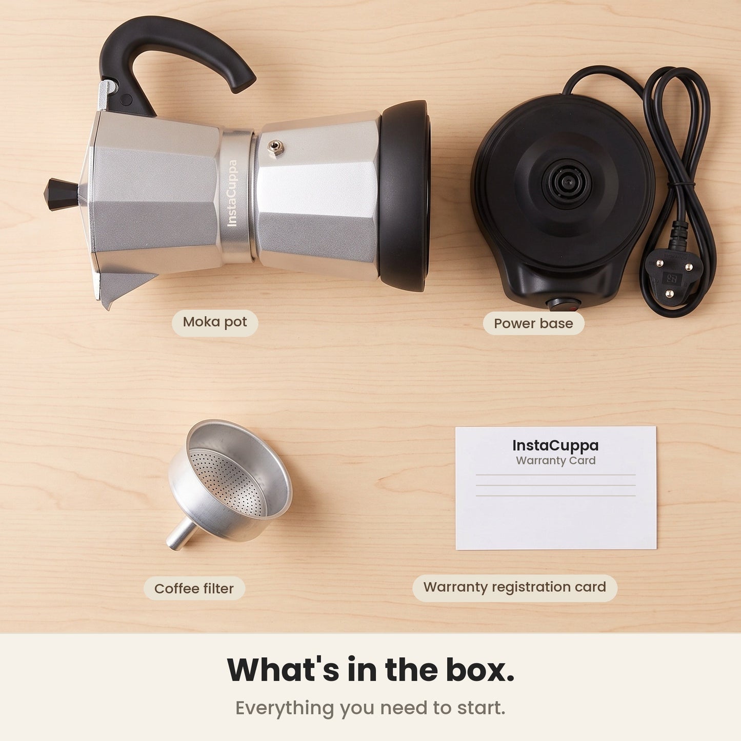 InstaCuppa Electric Moka Pot - Silver - pot, power base, filter basket and warranty card · 300 ml · 6 espresso cups