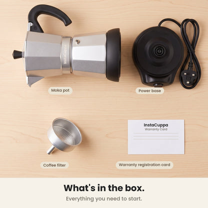 InstaCuppa Electric Moka Pot - Silver - pot, power base, filter basket and warranty card · 300 ml · 6 espresso cups