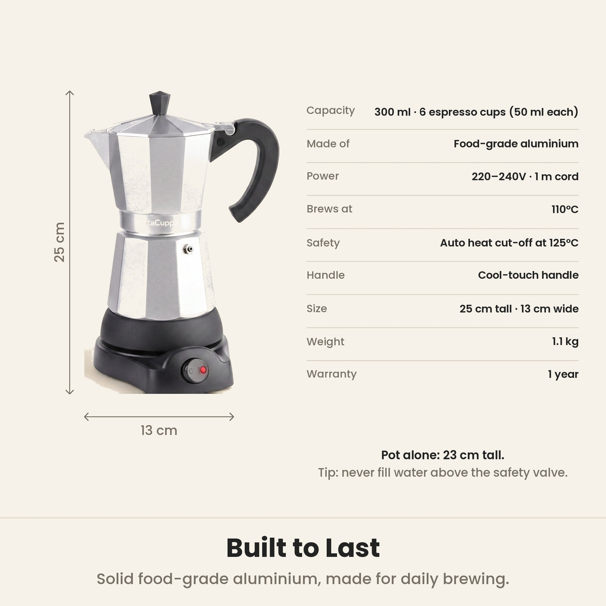 InstaCuppa Electric Moka Pot - Silver - aluminium body, plug-in power base · 300 ml · 6 espresso cups