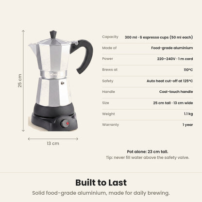 InstaCuppa Electric Moka Pot - Silver - aluminium body, plug-in power base · 300 ml · 6 espresso cups