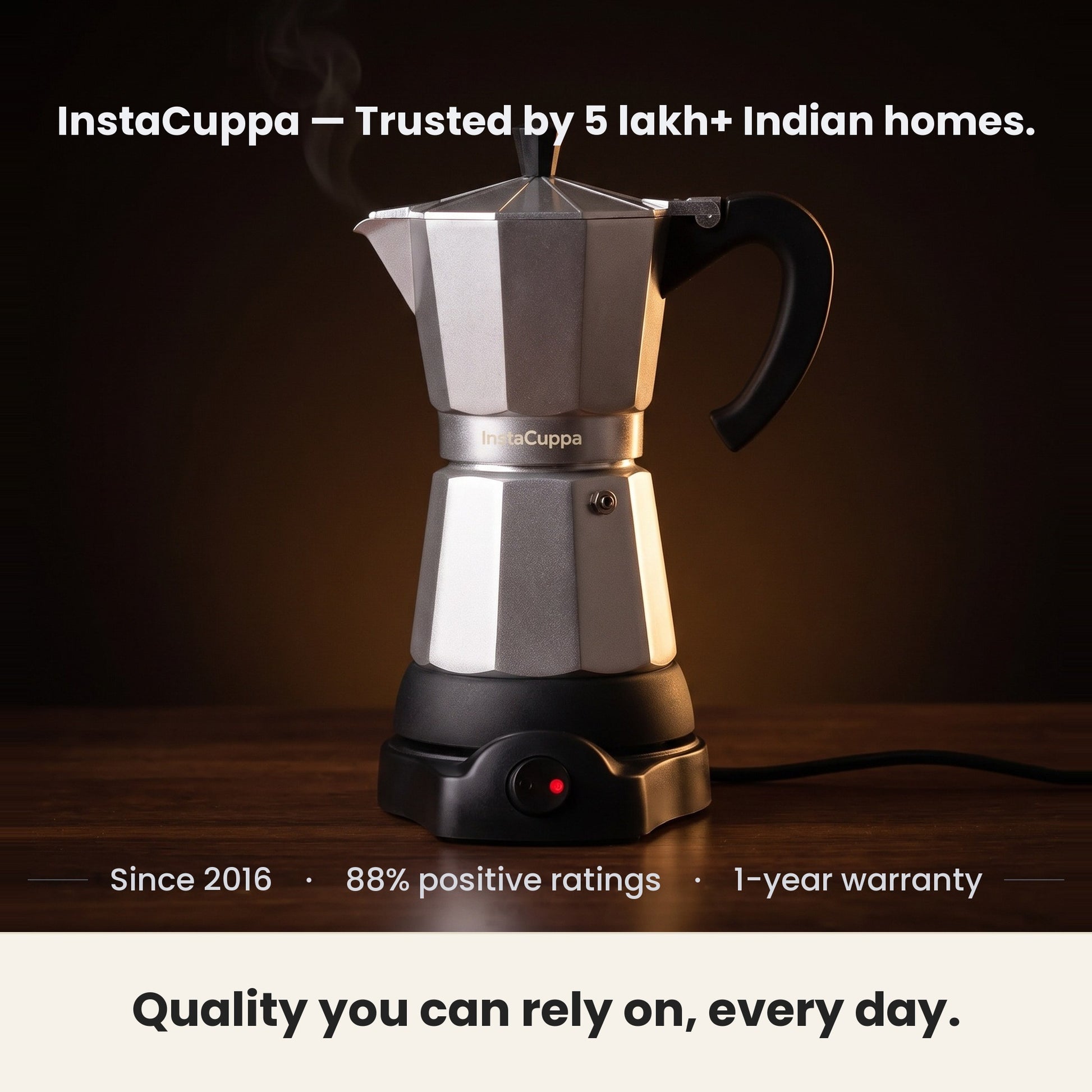 InstaCuppa Electric Moka Pot - Silver - trusted by Indian homes, 1-year warranty · 300 ml · 6 espresso cups