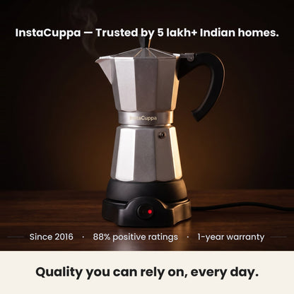 InstaCuppa Electric Moka Pot - Silver - trusted by Indian homes, 1-year warranty · 300 ml · 6 espresso cups